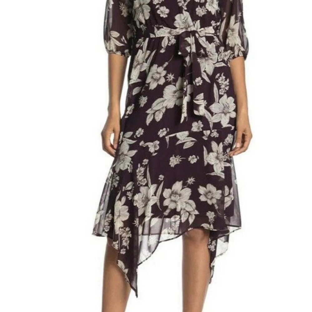 size 22W Gabby Skye Chiffon Wrap Plum Taupe Floral Puff Sleeve Midi Dress - Picture 10 of 10